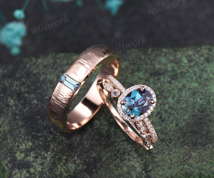 Oval Alexandrite Moissanite Halo Half Eternity Ring Set & Baguette Moss Agate Hammered Men Wedding Ring Vintage Couple Ring Set