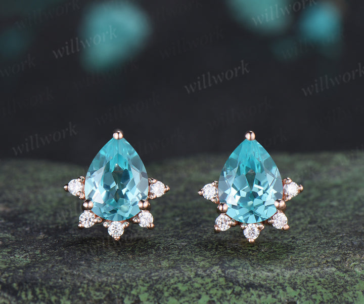 Pear Cut Paraiba Stud Earrings Bluish Green Tourmaline Moissanite Earrings Pierced Jewelry