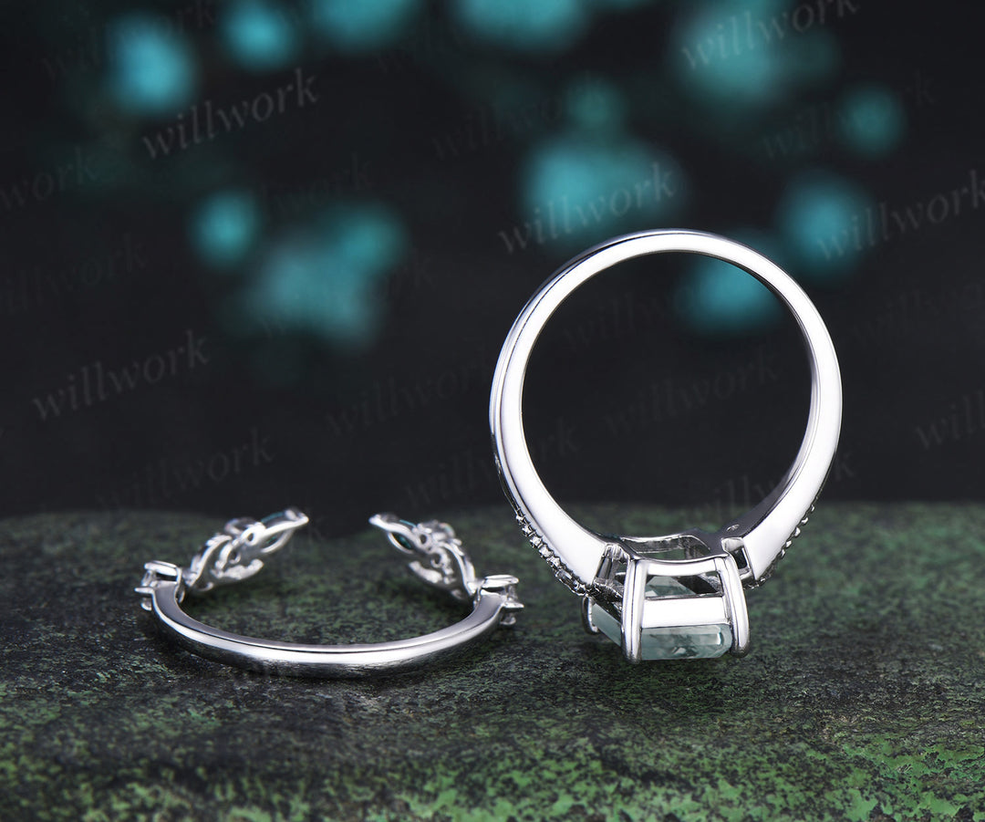 Emerald cut moss agate ring set milgrain moissanite three stone ring moss agate leaf open gap wedding band bridal set