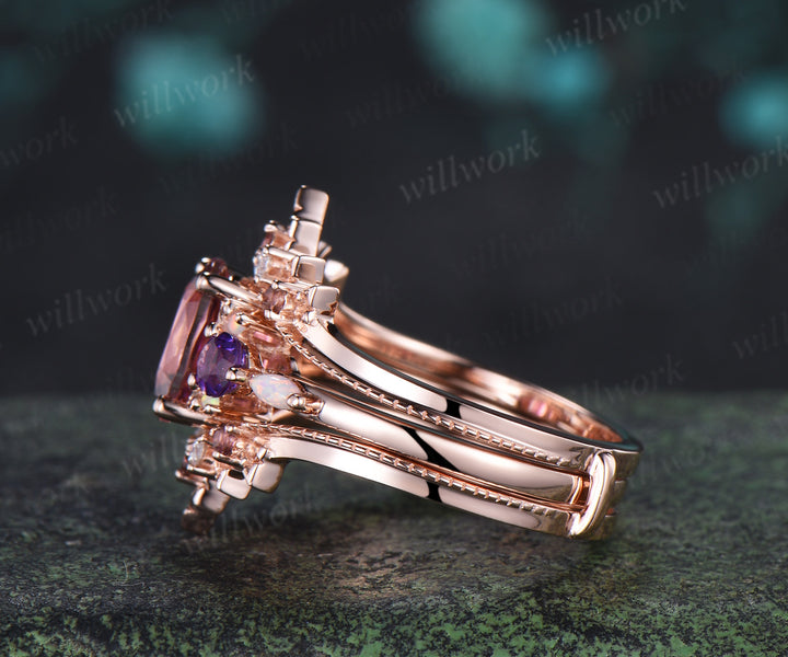 Oval Natural Pink Tourmaline Engagement Ring Set Five Stone Amethyst Opal Art Deco Moissanite Enhancer Band Bridal Set
