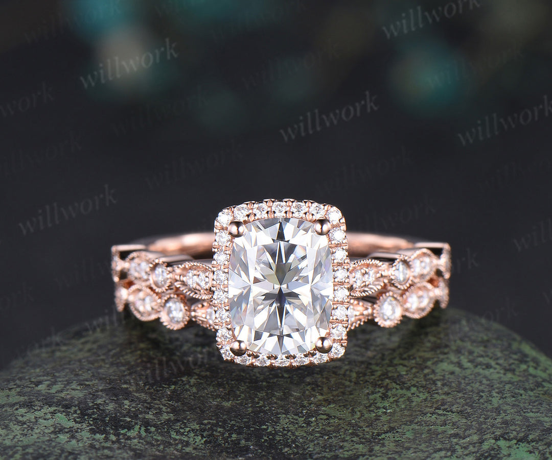 6x8mm cushion cut moissanite engagement ring set rose gold unique halo milgrain ring art deco diamonds half eternity wedding band antique bridal set