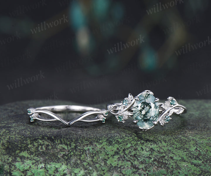 Nature inspired oval moss agate ring set leaf twig engagement ring dainty infinity emerald wedding band