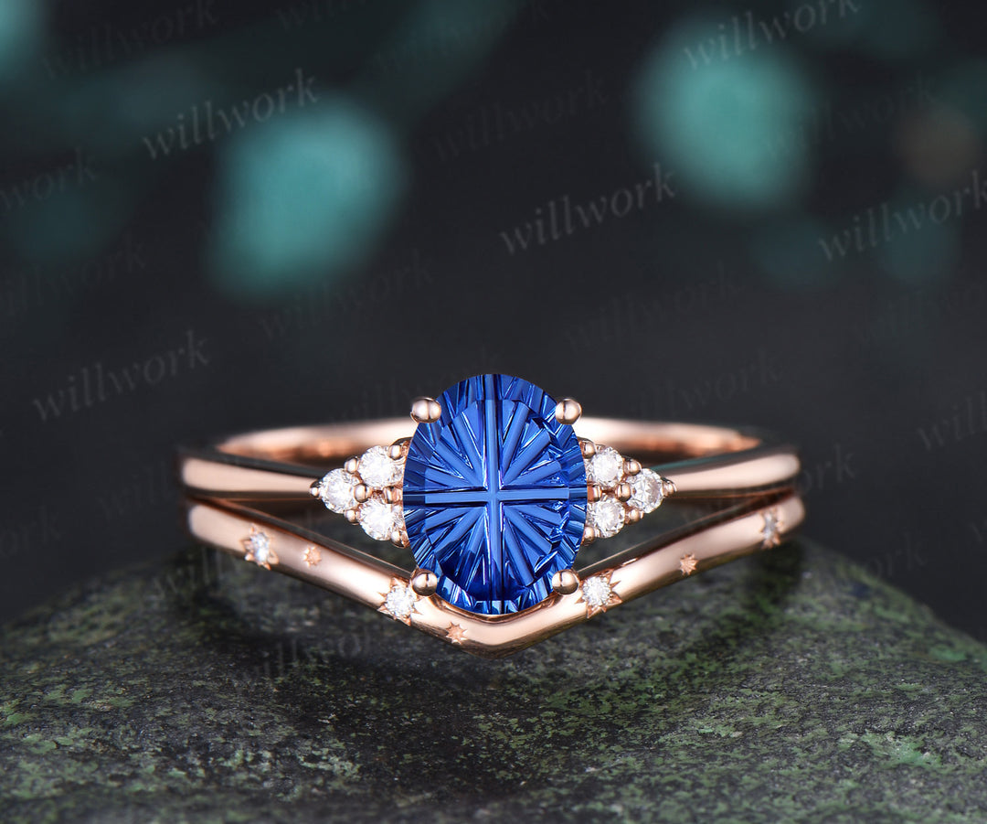 Oval Fantasy Cut Sapphire Engagement Ring Set Moissanite Cluster Promise Ring Star Wedding Band Unique Bridal Set
