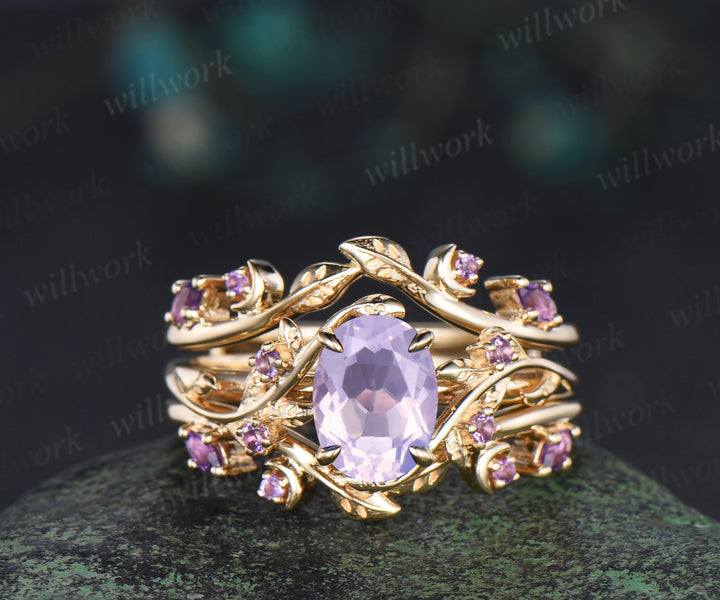 Oval lavender amethyst engagement ring set leaf twig amethysts ring marquise amethyst moon enhancer wraps unique bridal set