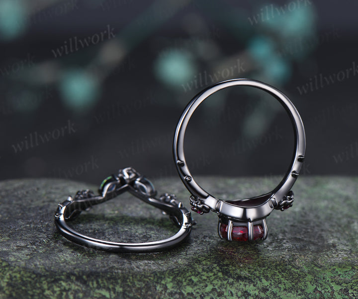 Gothic Oval Fantasy Cut Ruby Engagement Ring Set Black Gold Rose Thorn Ring Opal & Ruby Accent Matching Wedding Band Unique Bridal Set
