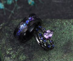 Leaf Pear Amethyst Accent Sapphires Bridal Ring Set & Tungsten Galaxy Nebula Mens Band Couple Ring Set