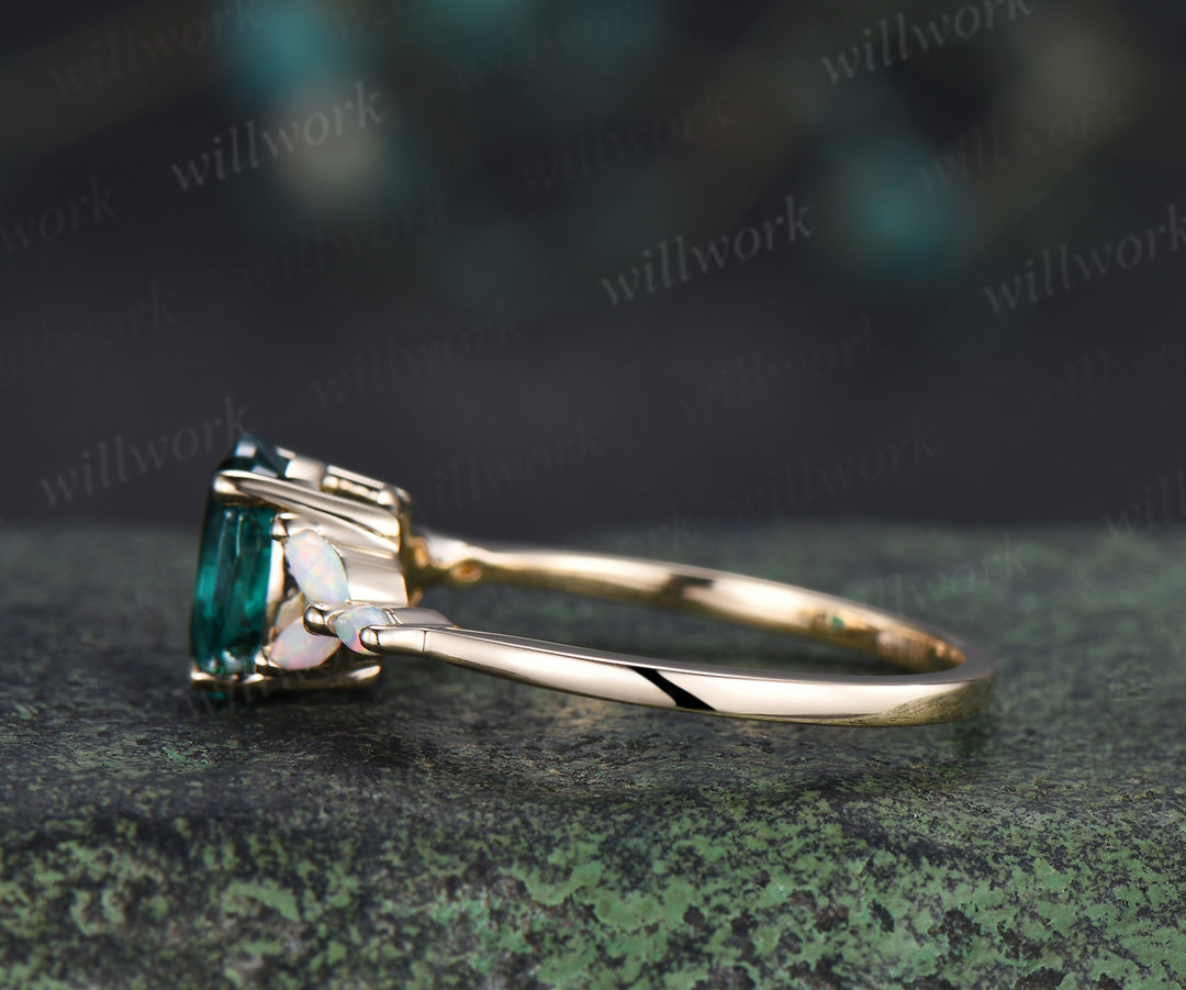 Oval cut emerald engagement ring marquise opals classic seven stone promise ring unique cluster bridal ring