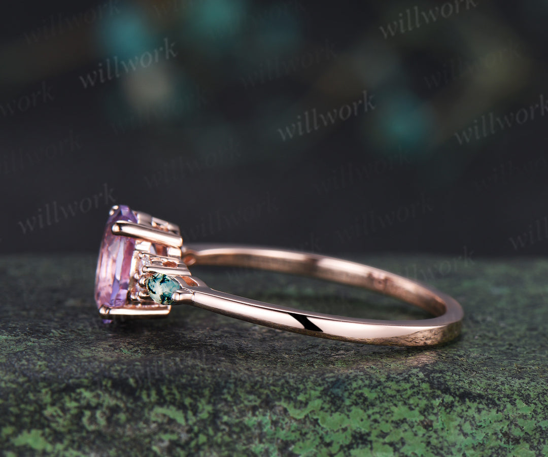 Oval cut Lavender amethyst ring romantic purple crystal engagement ring marquise moss agate moissanite seven stone wedding ring
