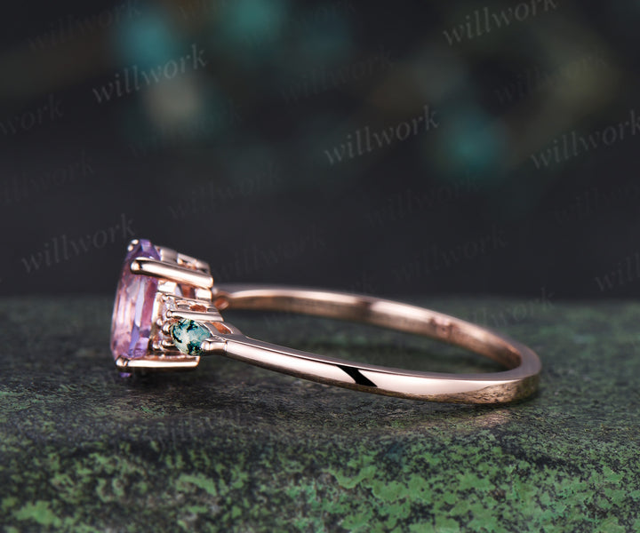 Oval cut Lavender amethyst ring romantic purple crystal engagement ring marquise moss agate moissanite seven stone wedding ring