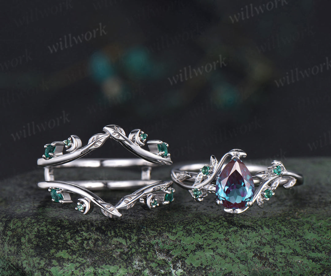 Vintage pear alexandrite engagement ring set leaf twig art deco emerald ring double layer emerald enhancer band unique brial set