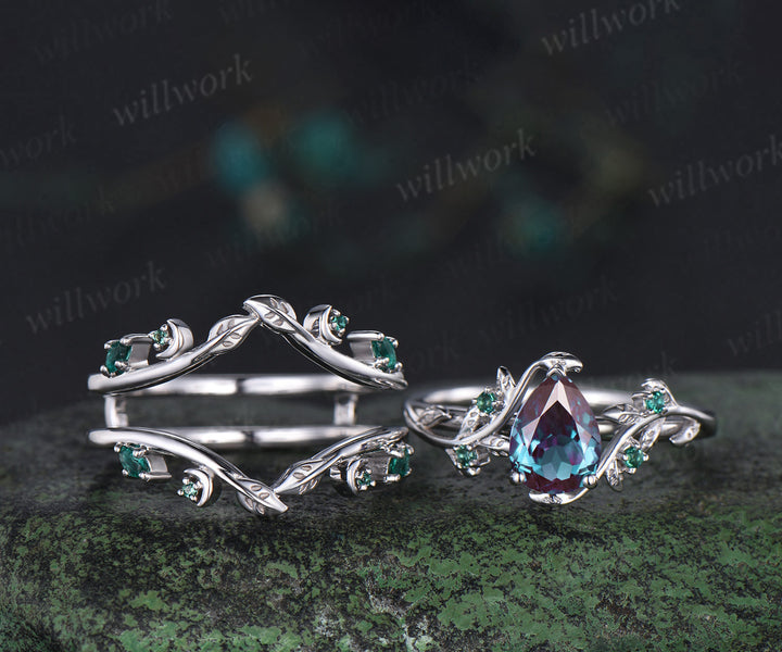 Vintage pear alexandrite engagement ring set leaf twig art deco emerald ring double layer emerald enhancer band unique brial set