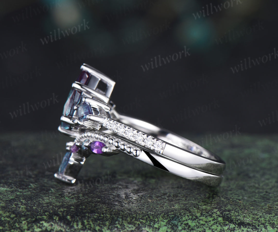 Pear cut alexandrite engagement ring set kite alexandrite half eternity diamond marquise amethyst stacking bridal set
