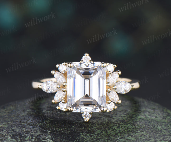 Emerald cut moissanite engagement ring unique cluster marquise pear moissanite promise wedding ring
