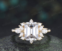 Emerald cut moissanite engagement ring unique cluster marquise pear moissanite promise wedding ring
