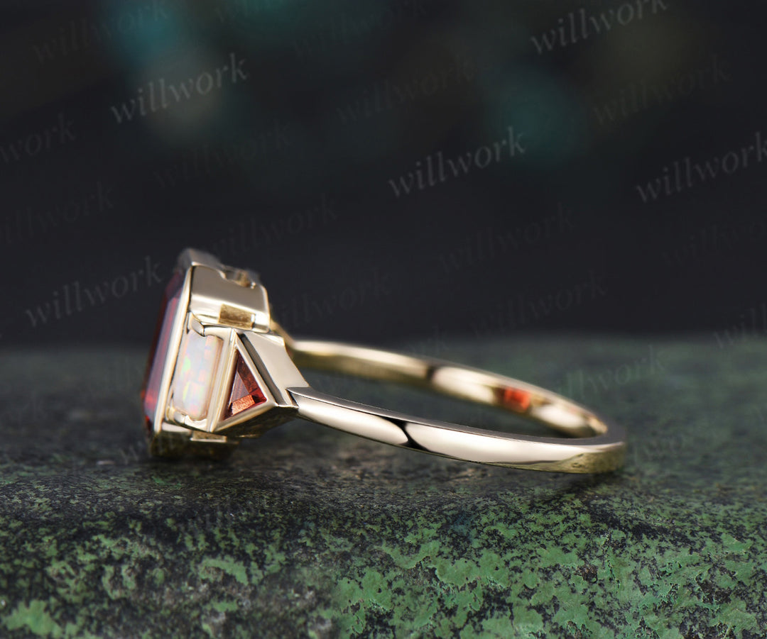 Bezel emerald cut garnet engagement ring baguette opal trilliant garnet ring unique five stones ring for women gifts for her