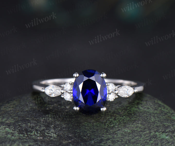 Oval cut blue sapphire engagement ring set seven stone moissanite ring vintage moon women Celtic knot wedding bridal set