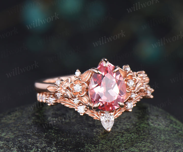 Vintage pear padparadscha pink sapphire bridal set 5 claw prong leaf floral moissanite wedding promise ring
