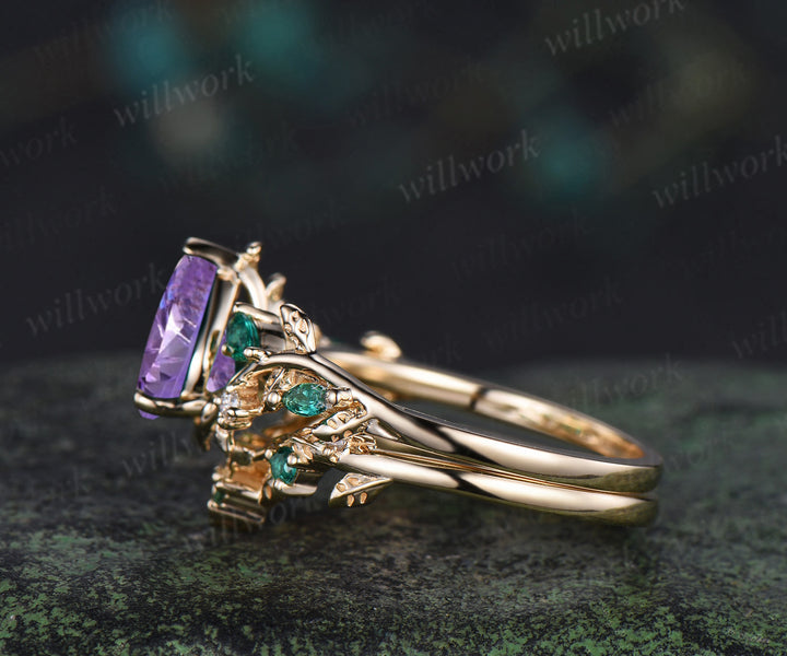 Teardrop Fireworks Cut Amethyst Engagement Ring Leafy Vine Emerald Accent Promise Ring Vintage Celtic Knot Wedding Band Bridal Set