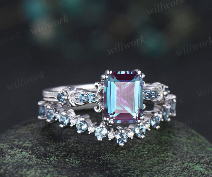 Vintage emerald cut alexandrite engagement ring set filigree art deco blue topaz ring half eternity alexandrite wedding band June birthstone jewelry gifts