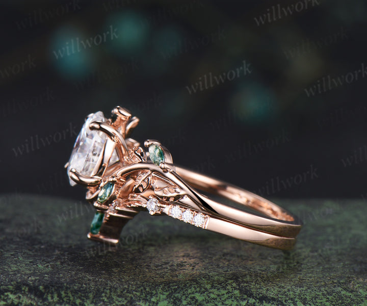Vintage oval cut lab grown diamond engagement ring set leaf twig moss agates ring natural inspired bridal set