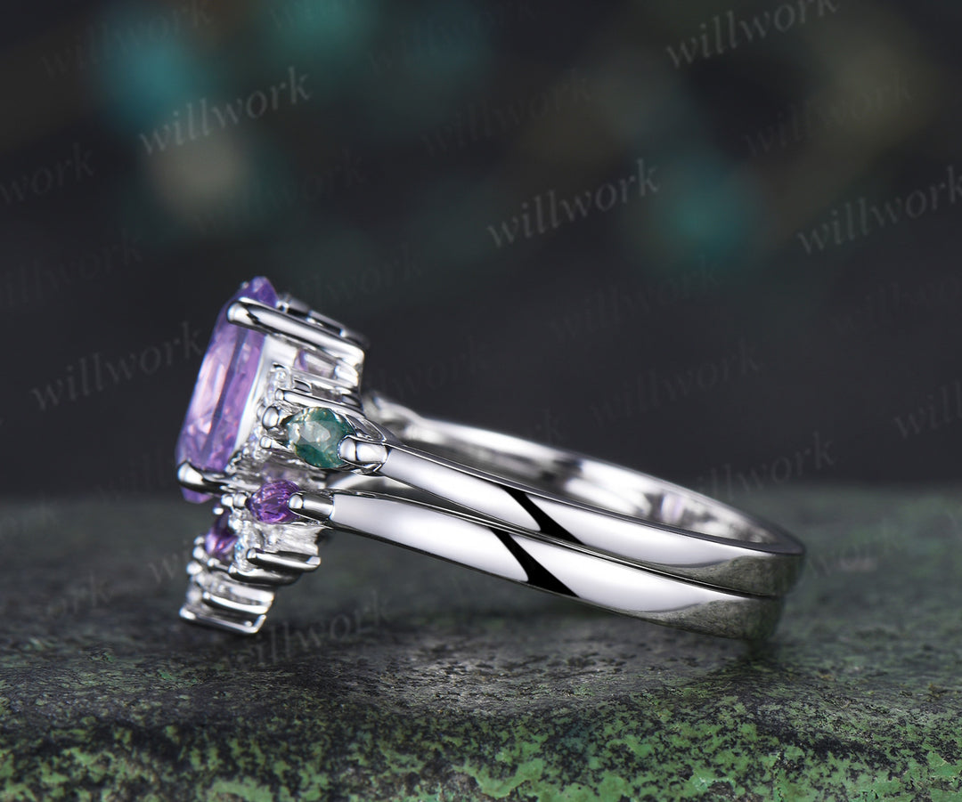 Oval cut lavender amethyst ring set moss agate moissanite engagement ring marquise amethyst wedding band unique bridal set
