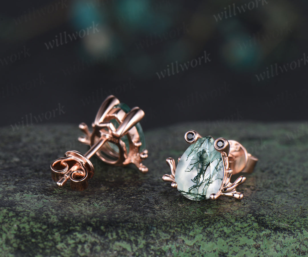 Frog stud earrings pear moss agate black spinels rose gold nature animal jewelry gift
