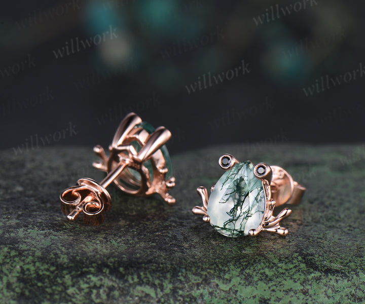 Frog stud earrings pear moss agate black spinels rose gold nature animal jewelry gift