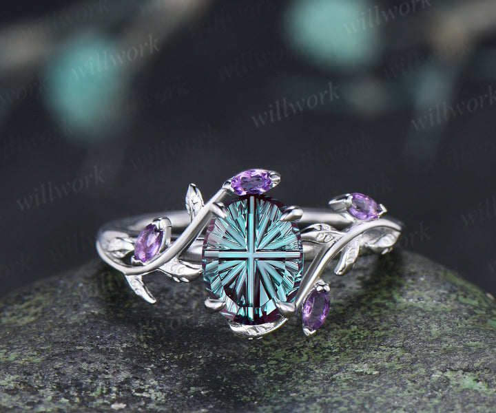 Oval Fantasy Cut Alexandrite Leaf Vine Engagement Ring Amethyst Twig Enhancer Band Nature Inspired Alexandirte Bridal Set