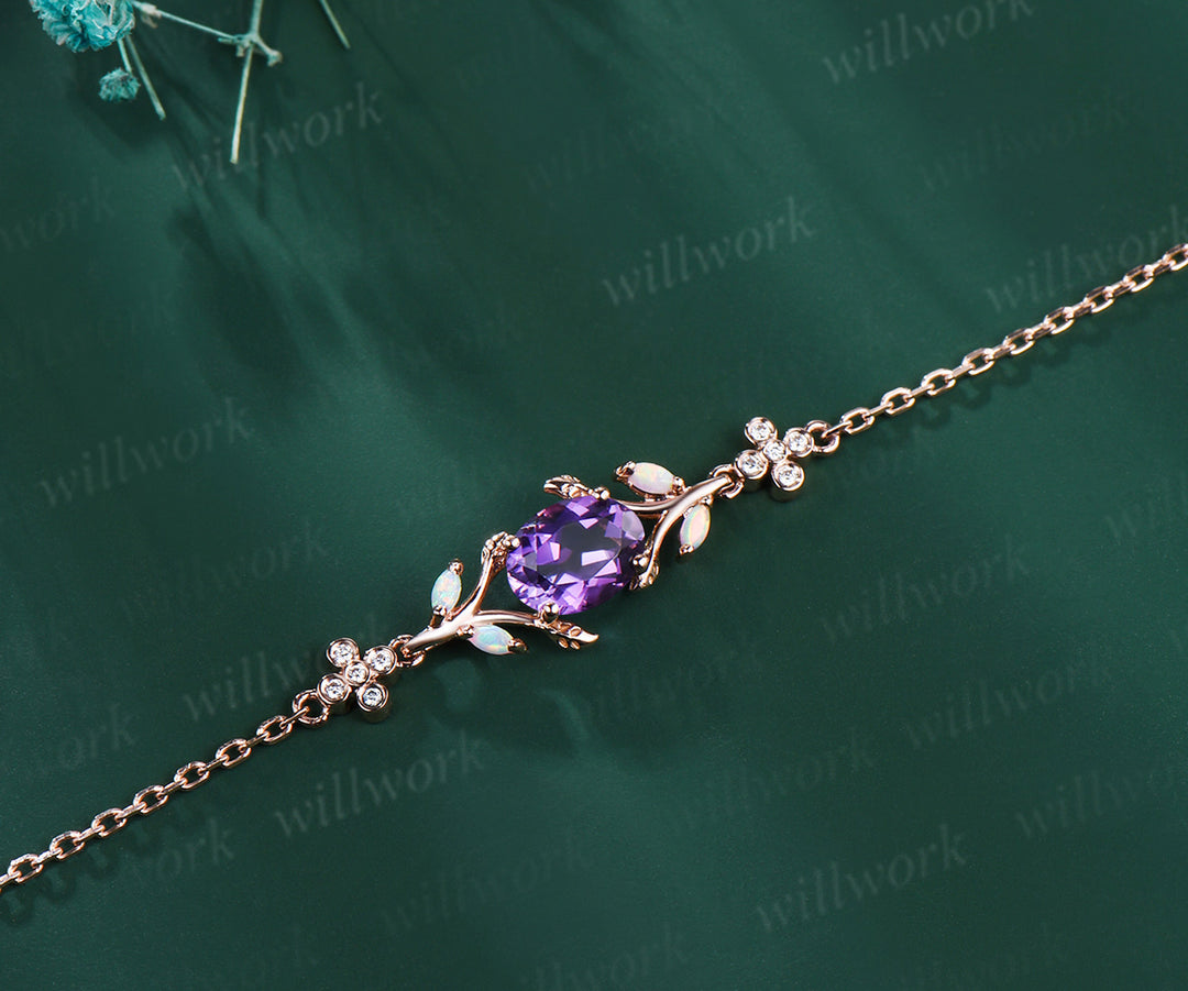 Dainty oval cut amethyst marquise opal leaf bracelet moissanites clover adjustable bracelet Februarly birthstone jewelry