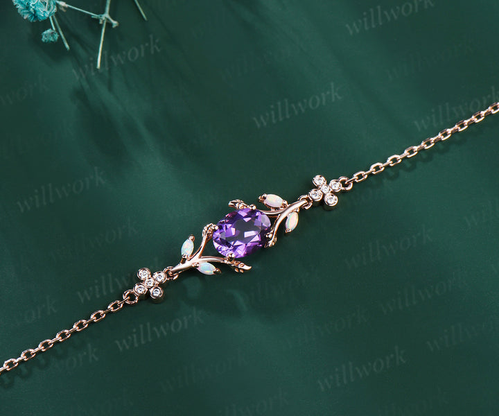 Dainty oval cut amethyst marquise opal leaf bracelet moissanites clover adjustable bracelet Februarly birthstone jewelry