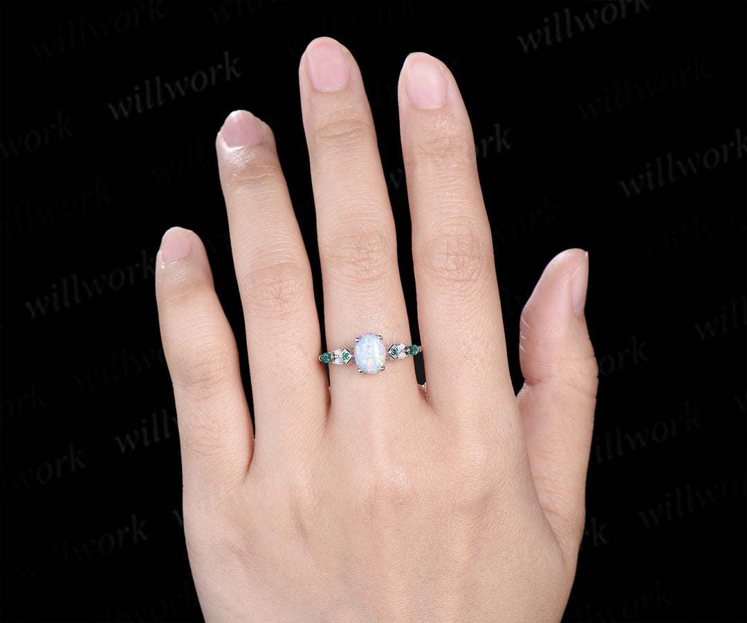 Oval Opal Engagement Ring Square Shape Emerald Accent Ring Vintage White Opal Bridal Ring