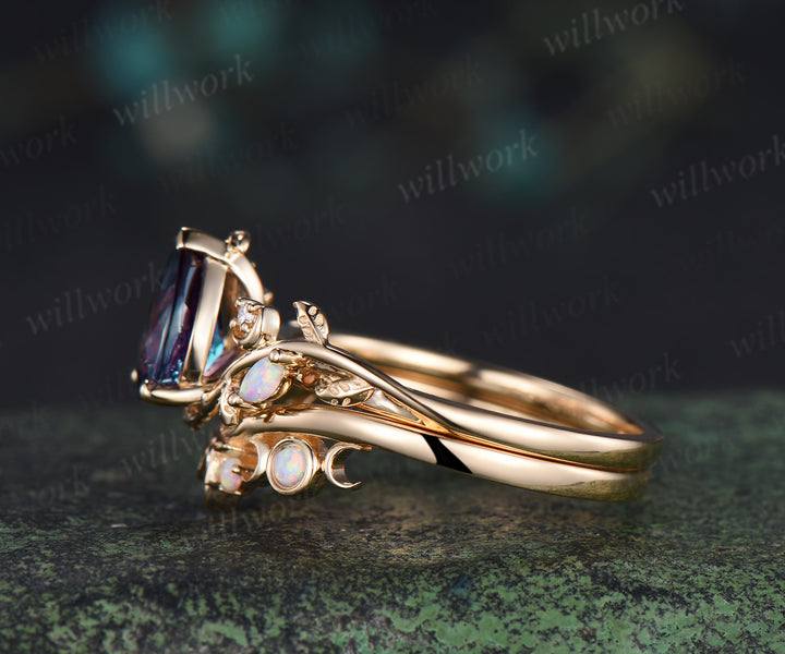Pear cut alexandrite engagement ring set leaf twig moon opal moissanite ring celtic knot bezel opal wedding ring band enchanting bridal set