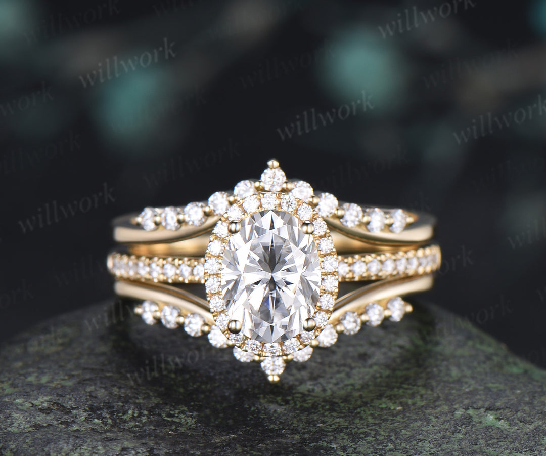 Vintage Oval Cut Moissanite Engagement Ring Diamond Halo Half Eternity Ring Curved Matching Stacking Enhancer Band Timeless Bridal Set