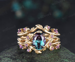 Oval alexandrite engagement ring set leaf twig amethysts ring double layer enhancer wraps band unique brial set