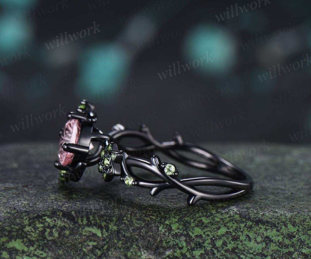 Round Fireworks Padparadscha Engagement Ring Moon Vine Floral Peridot Accent Promise Ring Unique Twig Band