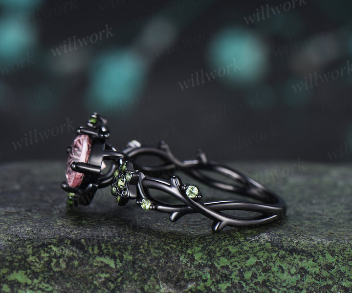 Round Fireworks Padparadscha Engagement Ring Moon Vine Floral Peridot Accent Promise Ring Unique Twig Band