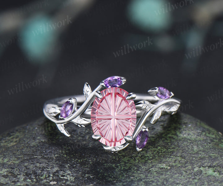 Oval Fantasy Cut Padparadscha Leaf Vine Engagement Ring Amethyst Enhancer Wrap Band Nature Inspired Pink Sapphire Bridal Set