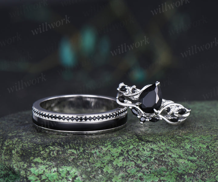 Pear Cut Black Onyx Leaf Twig Bridal Ring Set & Full Eternity Black Onyx Black Spinels Men Ring Unique Couple Ring Set