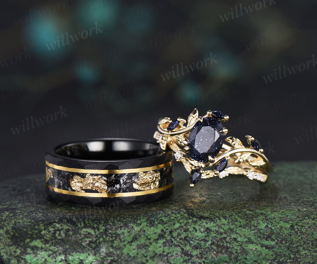 Nature Inspired Oval Blue Sandstone Leaf Ring Set & Tungsten Gold Flakes Men's Ring Unique Couple Wedding Rings