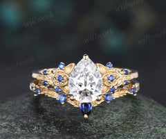 Vintage Pear IGI Lab Grown Diamond Engagement Ring Set Leaf Froral Blue Sapphire Accent Ring Nature Inspired Bridal Set