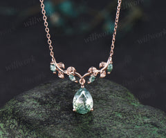 Pear moss agate necklace leaf vine marquise moss agate nature inspired pendant unique botanical jewelry gift