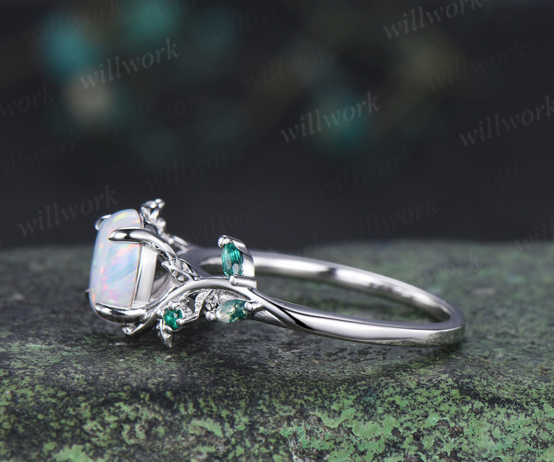 Oval white opal engagement ring retro emreald moss agate leaf branch ring nature inspired bridal ring gifts for women