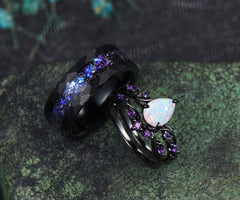 Leaf Pear Opal Amethyst Engagement Ring Set & Tungsten Galaxy Nebula Mens Band Unique Couple Ring Set