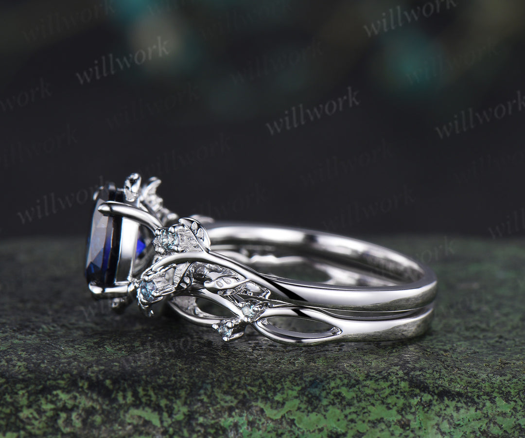 Art Deco Oval Sapphire Engagement Ring Sest Leaf Twig Branch Ring Alexandrite Split Shank Wedding Band Unique 2pc Nature Inspired Bridal Set