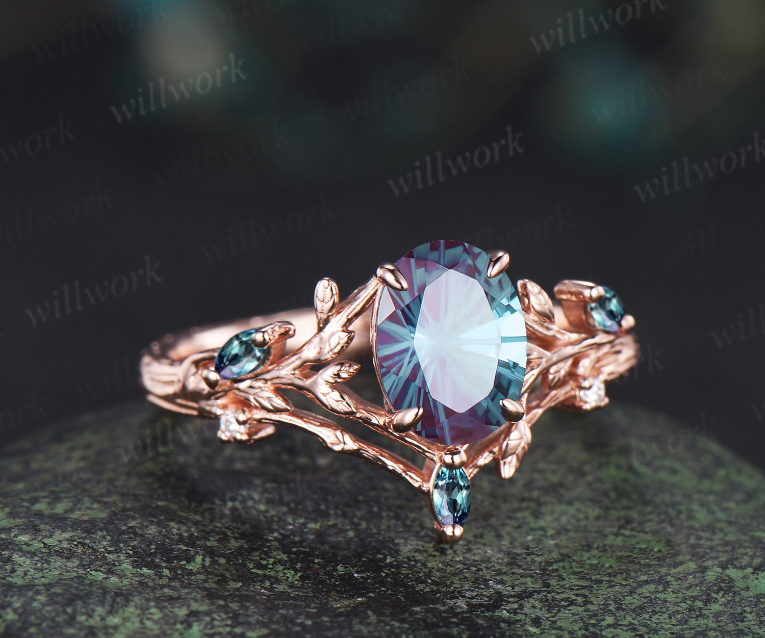 Oval Fireworks cut alexandrite engagement ring leaf branch nature