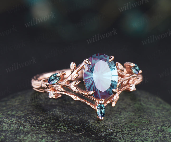 Oval Fireworks cut alexandrite engagement ring leaf branch nature inspired rose gold diamond ring antique