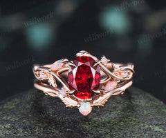 Oval Cut Ruby Split Shank Engagement Ring Set  Marquise Opal Leaf Vine Infinity Ring Matching Stacking Ring Bridal Set