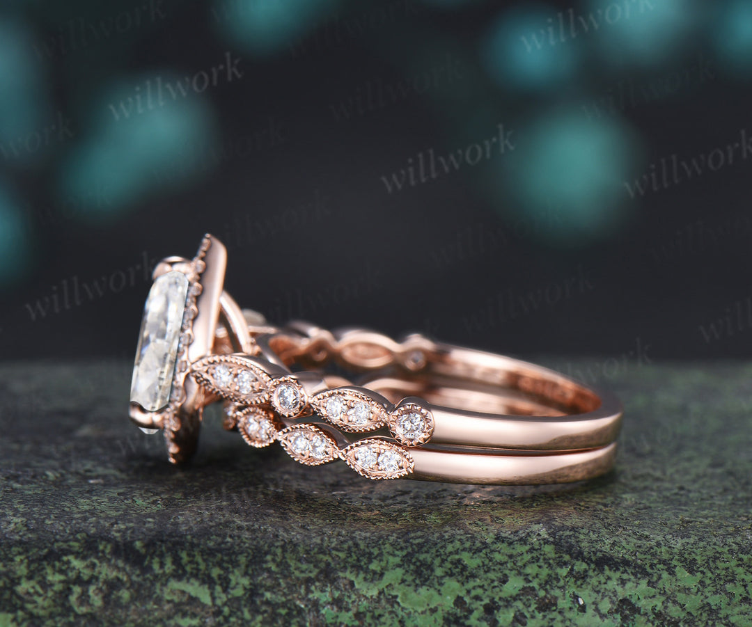 Vintage pear cut Lab grown diamond ring set halo half eternity diamond promise ring milgrain art deco band bridal set