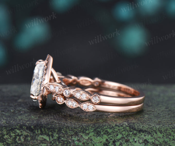 Vintage pear cut Lab grown diamond ring set halo half eternity diamond promise ring milgrain art deco band bridal set