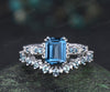 Vintage emerald cut London blue topaz engagement ring set filigree art deco blue topaz ring half eternity alexandrite wedding band bridal set